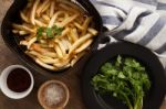 Fries French Ketchup Herb Still Life Flat Lay Stock Photo