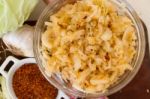 Handmade Preparation Of Sauerkraut And Cabbage Kimchi Stock Photo