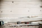 Carpenter Tools In Pine Wood Table Stock Photo