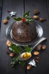 Christmas Pudding With Holly Twig Stock Photo