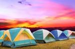 Tourist Tent With Beautiful Sunset Background Stock Photo