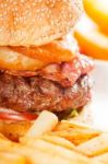 Classic Hamburger Sandwich And Fries Stock Photo