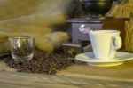 Cup Of Coffee, Coffee-beans, Coffee Grinder, Coffee Sack	 Stock Photo