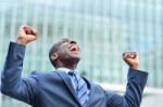 Excited Businessman Raising His Arms Stock Photo