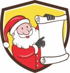 Santa Claus Paper Scroll Pointing Shield Cartoon Stock Photo