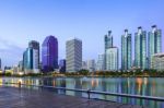 Business Buildings Area And Office, Cityscape At Twilight Stock Photo