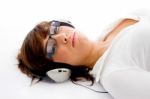 Lying Lady Listening Music Stock Photo