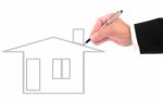 Hand Writing Outline Of Home On White Background Stock Photo