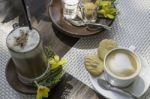 Breakfast Coffee On Balcony Wooden Table Stock Photo