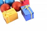 Group Multiple Color Gift Box And Christmas Ball On White Background Stock Photo