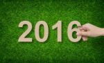 Year 2016 - Hand Holding Paper Alphabet Number On Green Grass Stock Photo