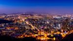 Seoul Cityscape And Seoul Tower At Night. Traffic In Seoul, South Korea Stock Photo