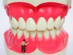 Miniature Worker On Plastic Teeth Of Removable Denture. Dental H Stock Photo