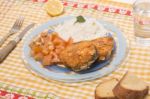 Fried Hake Fish With Rice Stock Photo