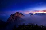 Bukhansan Mountains Is Covered By Morning Fog And Sunrise In Bukhansan National Park, Seoul In South Korea Stock Photo