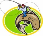 Fly Fisherman Riding Trout Fish Cartoon Stock Photo