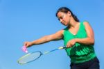 Dutch Woman Serve With Badminton Racket And Shuttle Stock Photo