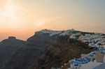 Santorini's Caldera At Sunset Stock Photo