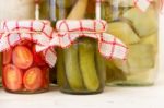 Variety Of Jars With Organic Vegetable Pickles Stock Photo