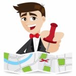 Cartoon Businessman Sticky Pin On Map Stock Photo