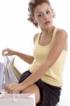 Sitting Sexy Woman With Shopping Bag Stock Photo