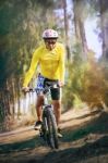 Young Man Riding Mountain Bike Mtb In Jungle Track Use For Sport Stock Photo