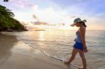 Girl On The Beach At Similan Island, Thailand Stock Photo