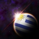 Uruguay Flag On 3d Football With Rising Sun Stock Photo