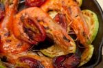 Roasted Shrimps With Zucchini And Tomatoes Stock Photo