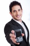 Young Business Man Showing Mobile Phone Stock Photo