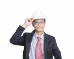 Face Of Asian Engineer Man Nice Emotion With Safety Helmet Isola Stock Photo