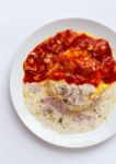 Breakfast Japanese Omelet With Red And White Sauce Stock Photo