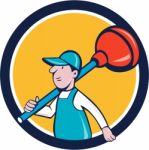 Plumber Carrying Plunger Walking Circle Cartoon Stock Photo