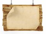 Old Blank Vintage Paper On Hanging Wooden Sign Stock Photo