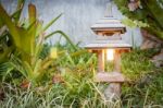 Wooden Lamp Decorated In Garden Stock Photo