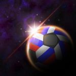 Russia Flag On 3d Football With Rising Sun Stock Photo