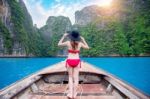 Beautiful Girl In Red Bikini On Boat Stock Photo