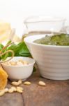 Italian Traditional Basil Pesto Pasta Ingredients Stock Photo