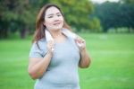 Fat Fit Woman Posing Outdoor Stock Photo