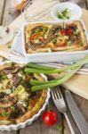 Quiche Lorraine With Chicken, Mushrooms And Broccoli Stock Photo