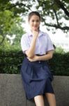 Portrait Of Thai High School Student Uniform Teen Beautiful Girl Happy And Relax, Stock Photo