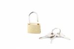 Golden Open Padlock With Keys On White Stock Photo