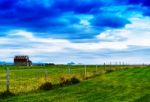 Horizontal Classic Norway Landscape House Cloudscape Background Stock Photo