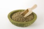 Raw Hemp Seeds Wooden Laddle Close Up Stock Photo