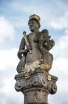 Mermaid Statue On Top Of A Column In Rothenburg Stock Photo