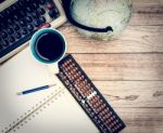 Office Desk With Coffee Background Stock Photo