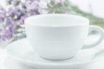 White Mug Cup And Static Flower Stock Photo