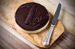 Fresh Classic Homemade Cheesecake With Dark Chocolate Topping Stock Photo