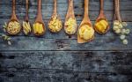 Italian Foods Concept And Menu Design. Various Kind Of Pasta Far Stock Photo