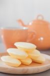 Traditional Thai Cookies On Wooden Plate Stock Photo